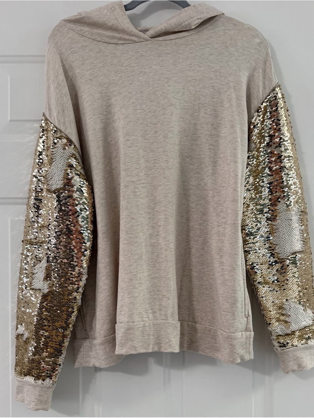 Chico's Beige Hoodie with Gold Sequin Sleeves